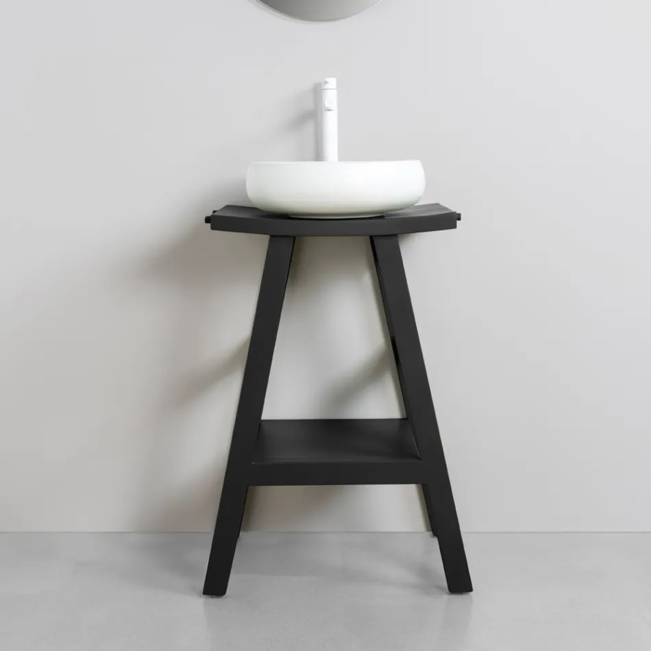 Mueble de baño moderno en teca con tapa semicurva negra - Raomi Viadurini