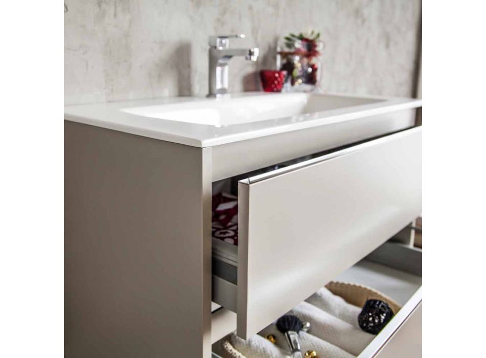 Lavabo de baño gris paloma en madera y resina con espejo de diseño - Alfonso Viadurini