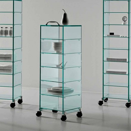 Armario multiusos con ruedas de vidrio transparente con 3,6,8 o 10 estantes - Versatilio Viadurini