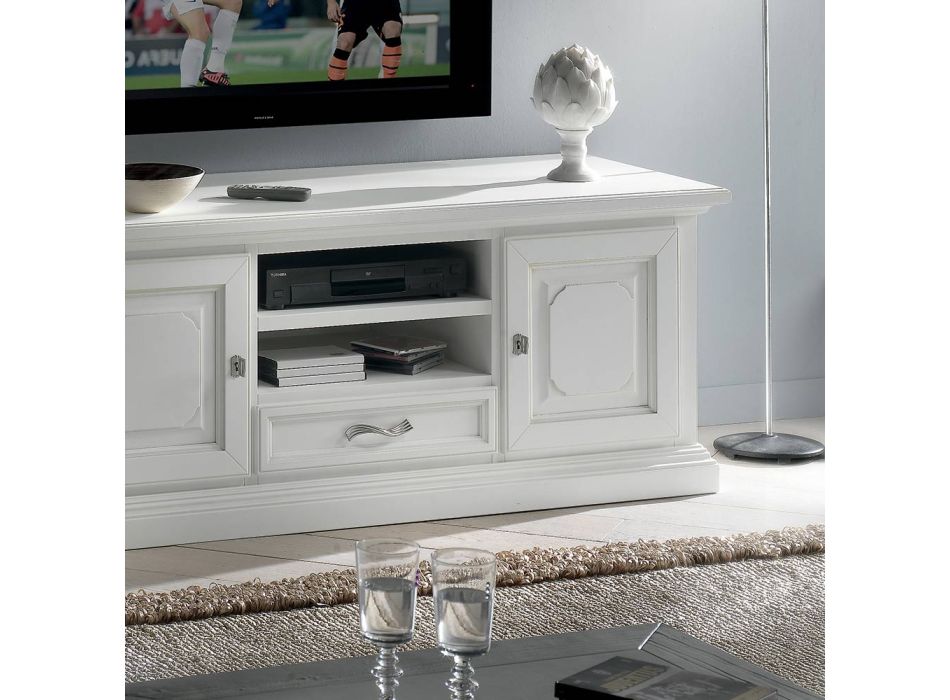Mueble TV con 2 compartimentos abiertos y 2 puertas lacadas en blanco Made in Italy - Atai Viadurini