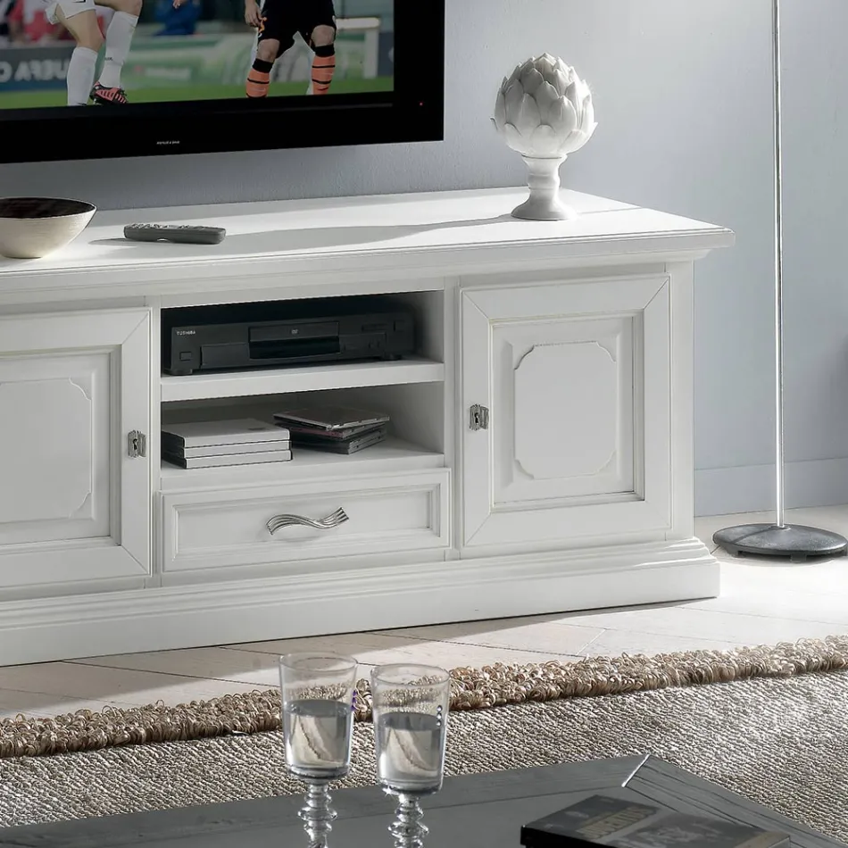 Mueble TV con 2 compartimentos abiertos y 2 puertas lacadas en blanco Made in Italy - Atai Viadurini