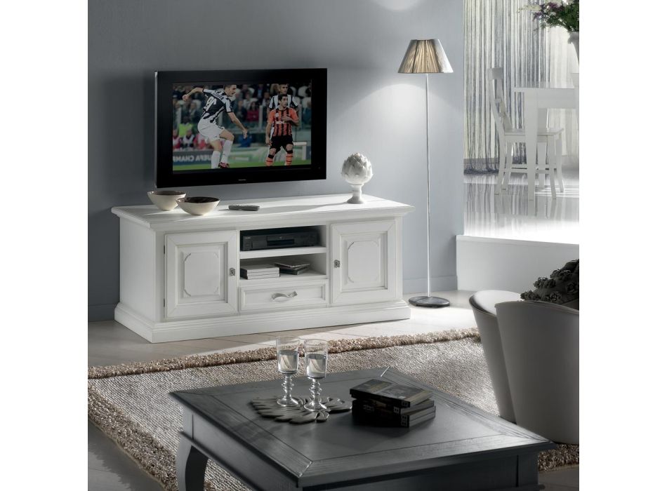 Mueble TV con 2 compartimentos abiertos y 2 puertas lacadas en blanco Made in Italy - Atai Viadurini