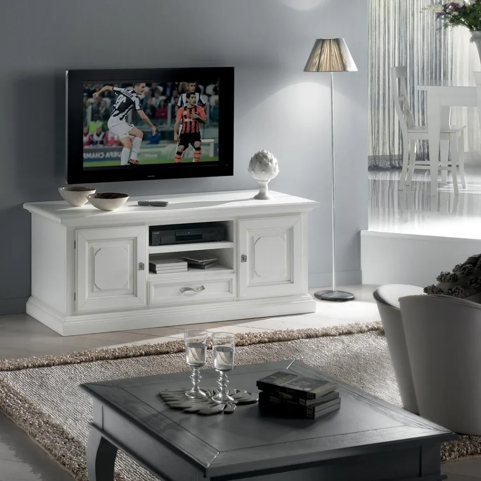 Mueble TV con 2 compartimentos abiertos y 2 puertas lacadas en blanco Made in Italy - Atai Viadurini