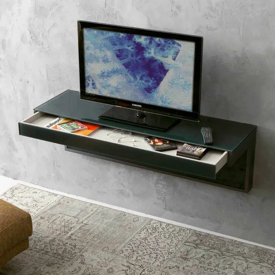 Mueble TV de pared en cristal negro y metal Made in Italy - Americio Viadurini