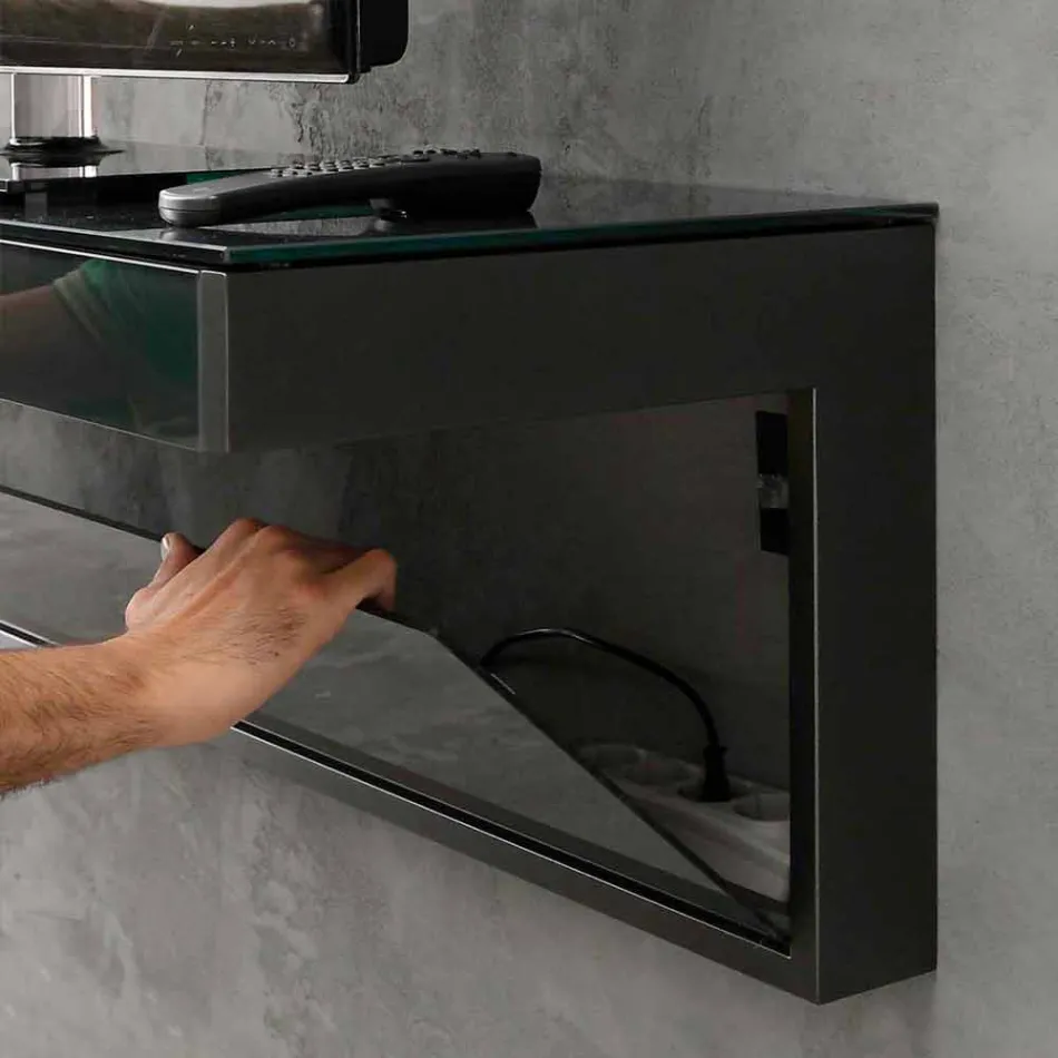 Mueble TV de pared en cristal negro y metal Made in Italy - Americio Viadurini
