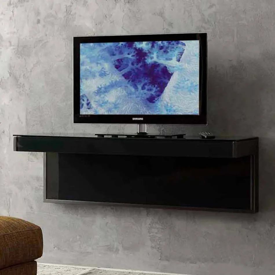 Mueble TV de pared en cristal negro y metal Made in Italy - Americio Viadurini
