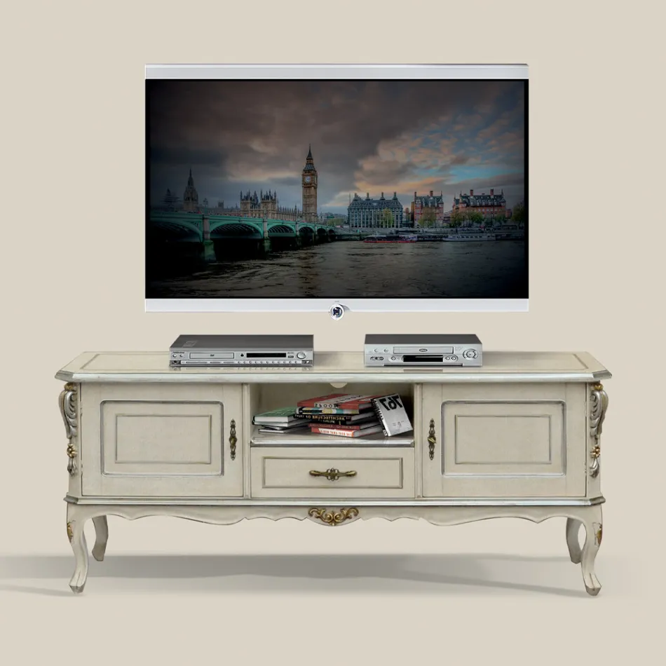 Mueble de TV de lujo en madera blanca y plateada Made in Italy - Cheverny Viadurini