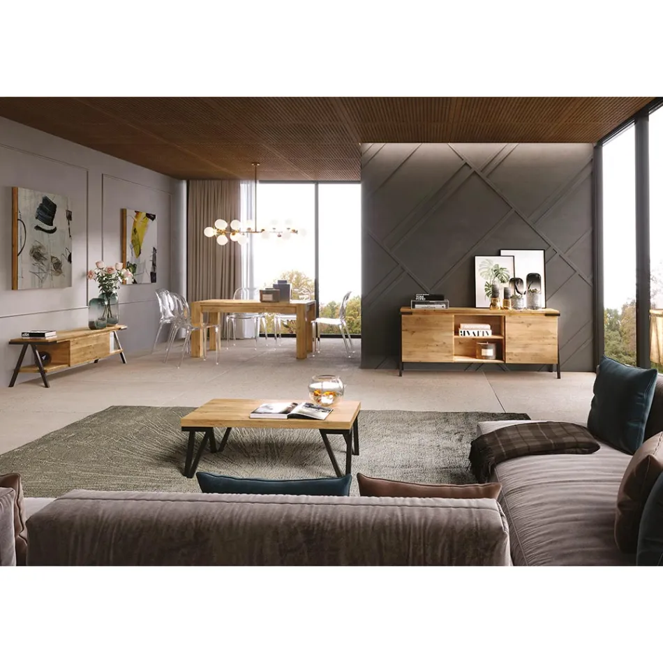 Mueble de TV en madera de roble anudado y metal Made in Italy - Jennifer Viadurini
