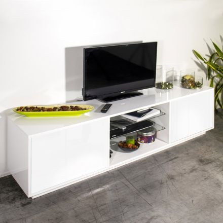 Mueble de TV de melamina con 2 estantes de vidrio Made in Italy - Norman Viadurini