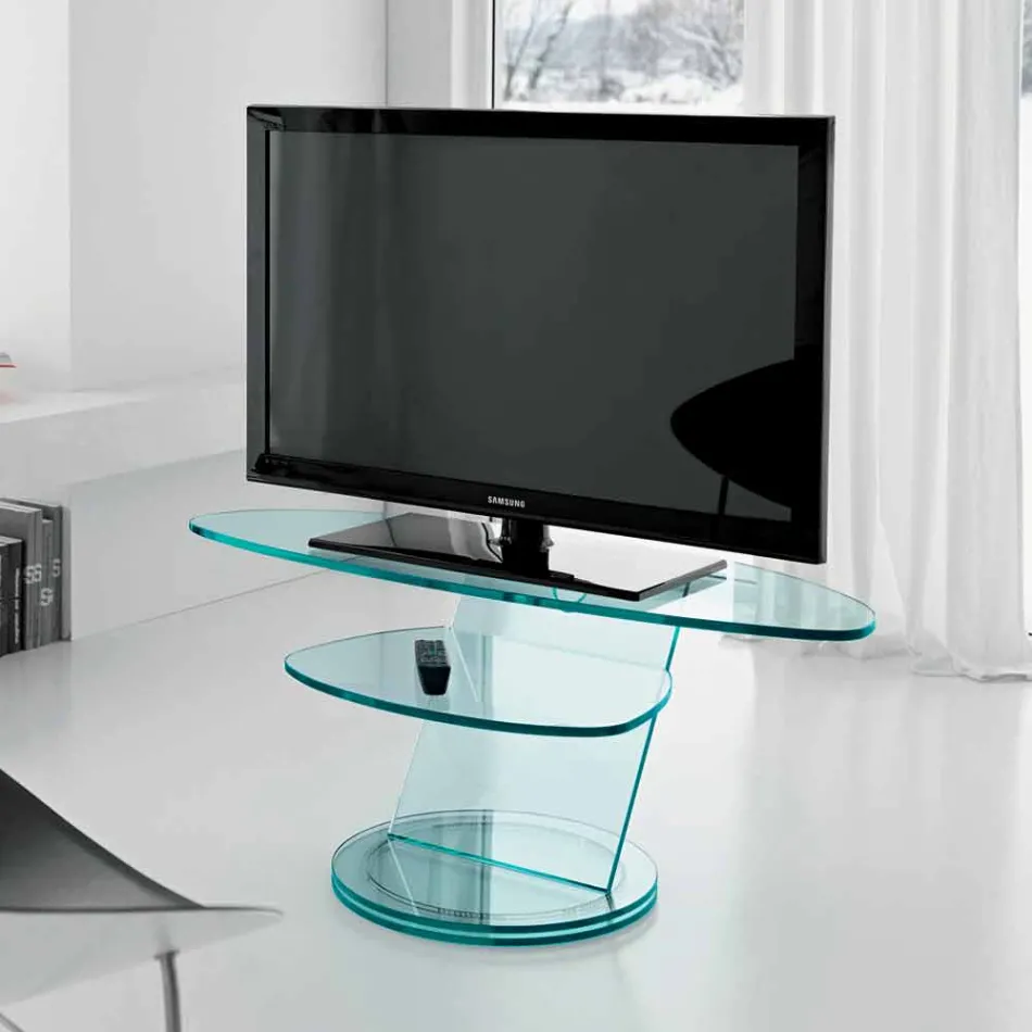 Mueble de TV de vidrio con base giratoria y estante de 2 dimensiones - Salemme Viadurini