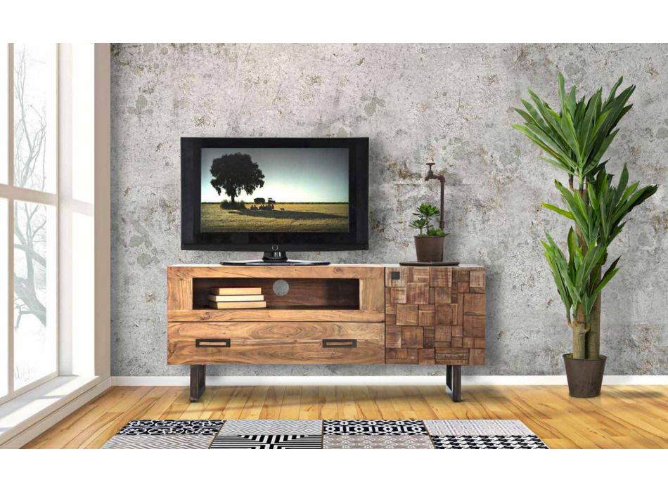 Mueble de TV moderno de hierro y madera de acacia con cajón y puerta - Deanna Viadurini