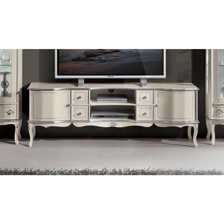 Mueble TV Salón Madera Blanca y Plata Made in Italy - Windsor Viadurini