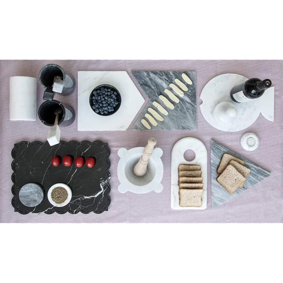 Mortero en mármol blanco de Carrara con mortero de madera Made in Italy - Winda Viadurini