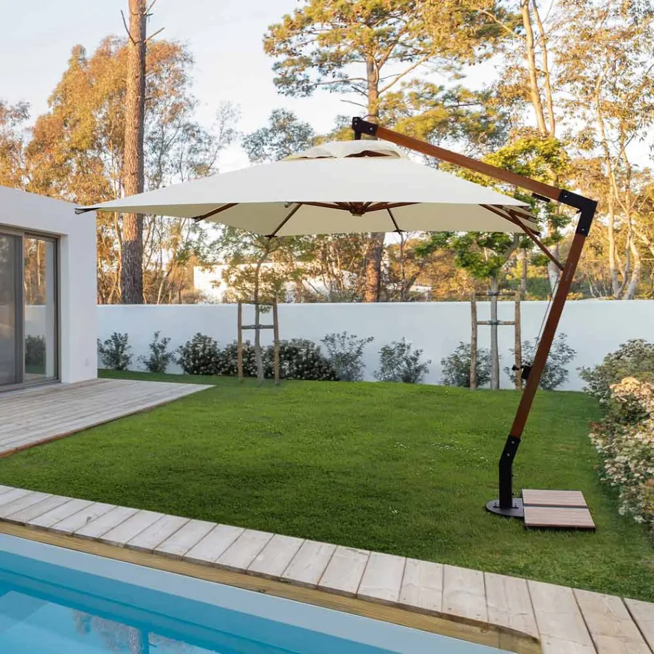 Paraguas de exterior en madera y poliéster crudo 3x4, Homemotion - Passmore Viadurini