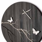Reloj de pared de diseño redondo en madera grabada con láser y mariposas 3D - Farfo Viadurini