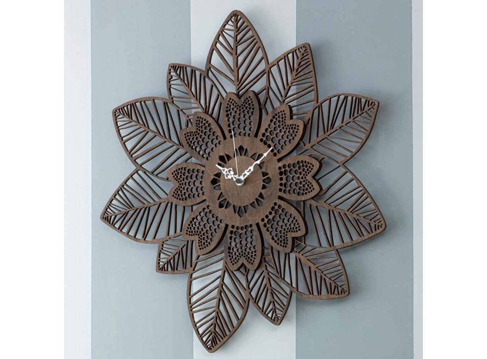 Reloj de pared en madera clara u oscura con un diseño floral moderno - Aquilegia Viadurini