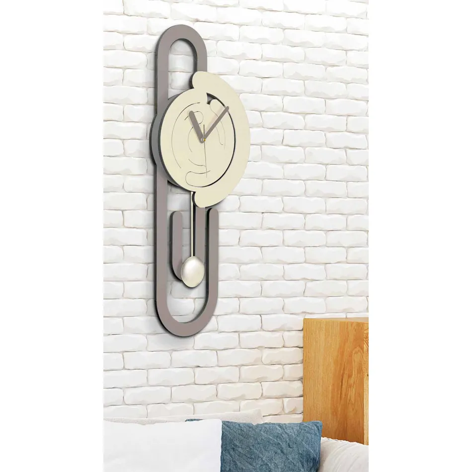 Reloj de pared de péndulo de diseño moderno en madera beige y marrón - Paperclip Viadurini