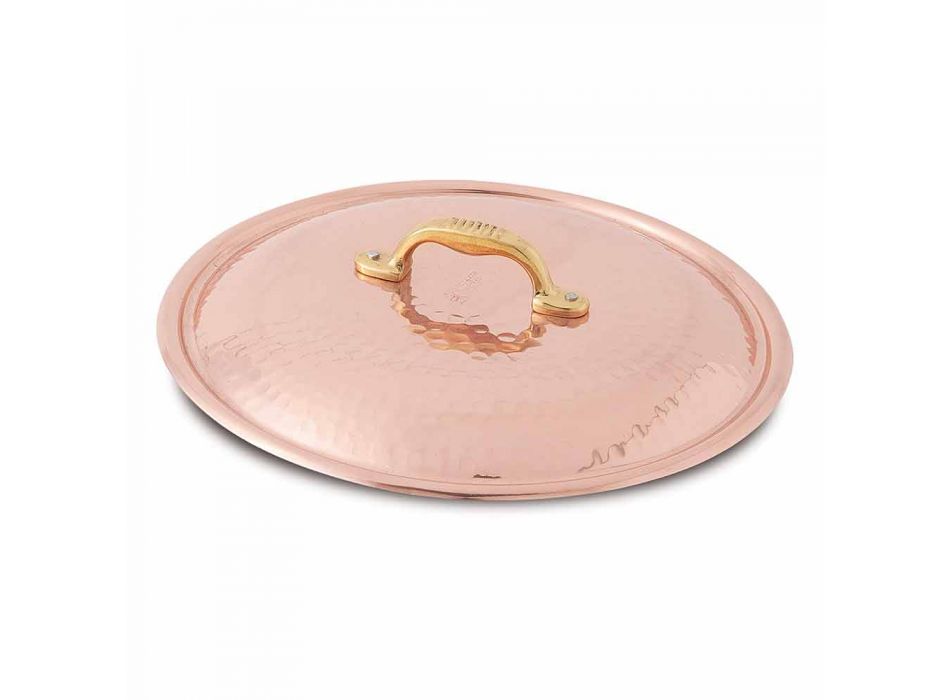 Sartén redonda de cobre estañado a mano con asa y tapa 28 cm - Gianluigi Viadurini