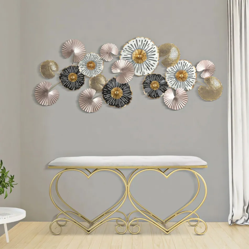 Banco de Hierro Dorado con Asiento Acolchado y Tapizado en Tela - Alchimia Viadurini