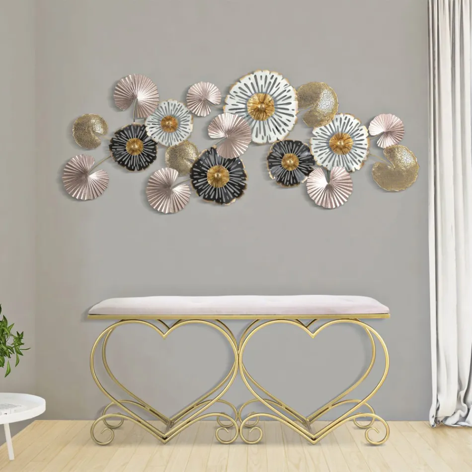 Banco de Hierro Dorado con Asiento Acolchado y Tapizado en Tela - Alchimia Viadurini