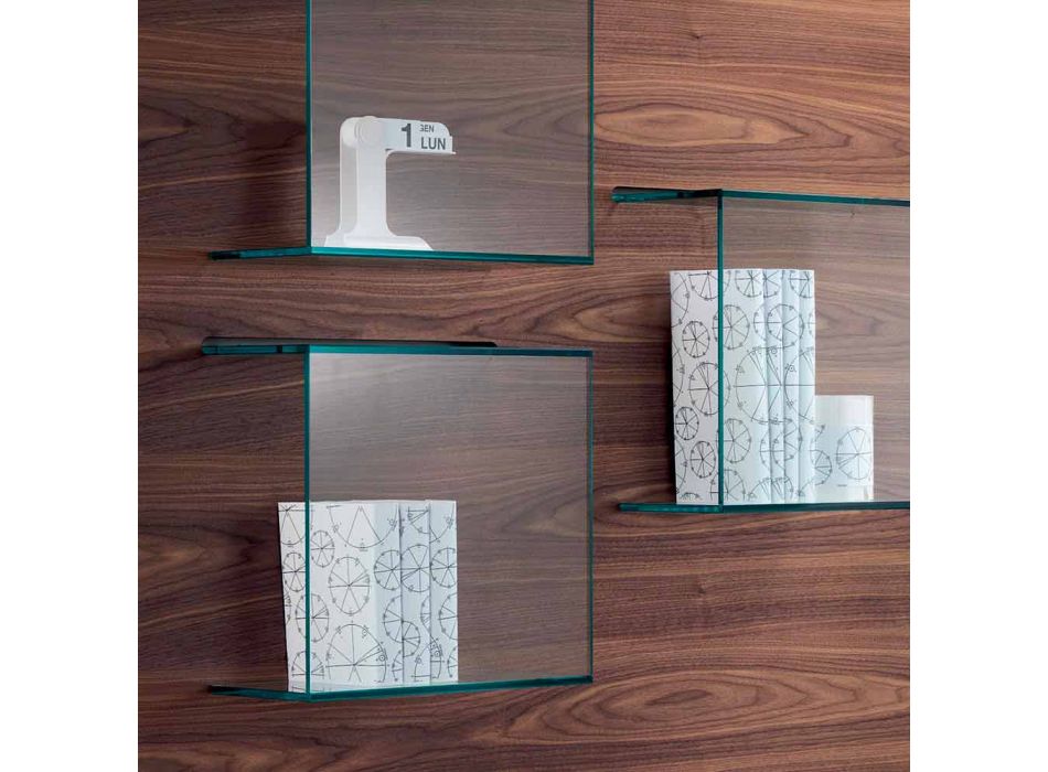 Panel de pared en madera de nogal canaletto y estantes de vidrio 2 tamaños - albahaca Viadurini