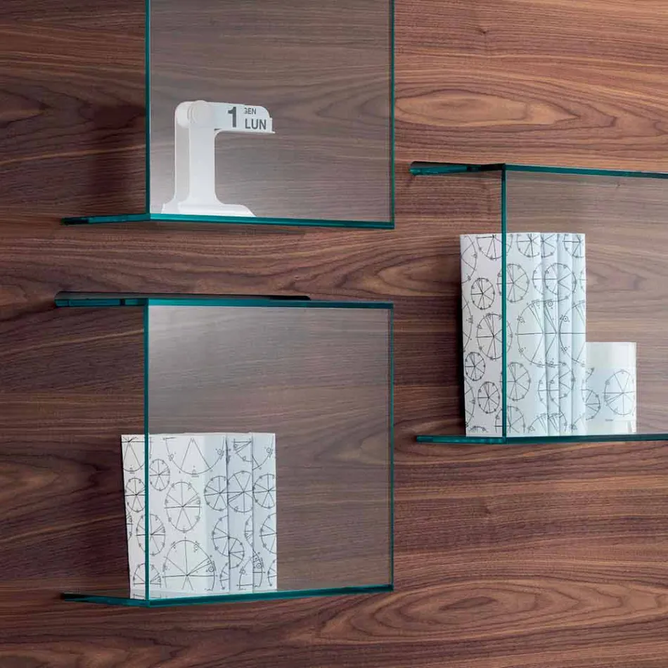 Panel de pared en madera de nogal canaletto y estantes de vidrio 2 tamaños - albahaca Viadurini