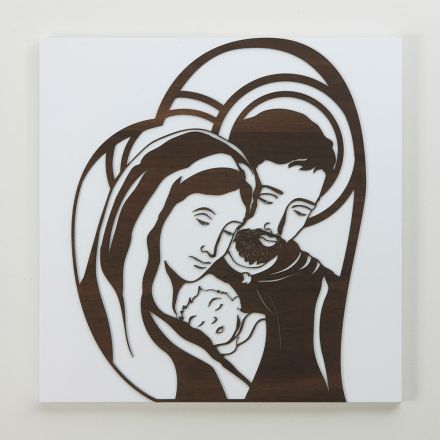 Panel realizado con grabado láser que representa a San José y la familia - Hina Viadurini