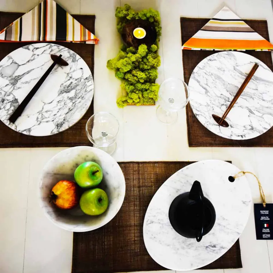 Plato de servicio redondo en mármol blanco de Carrara Made in Italy - Kamil Viadurini