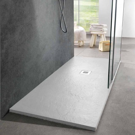 Plato de ducha moderno 170x80 acabado efecto pizarra en resina blanca - Sommo Viadurini