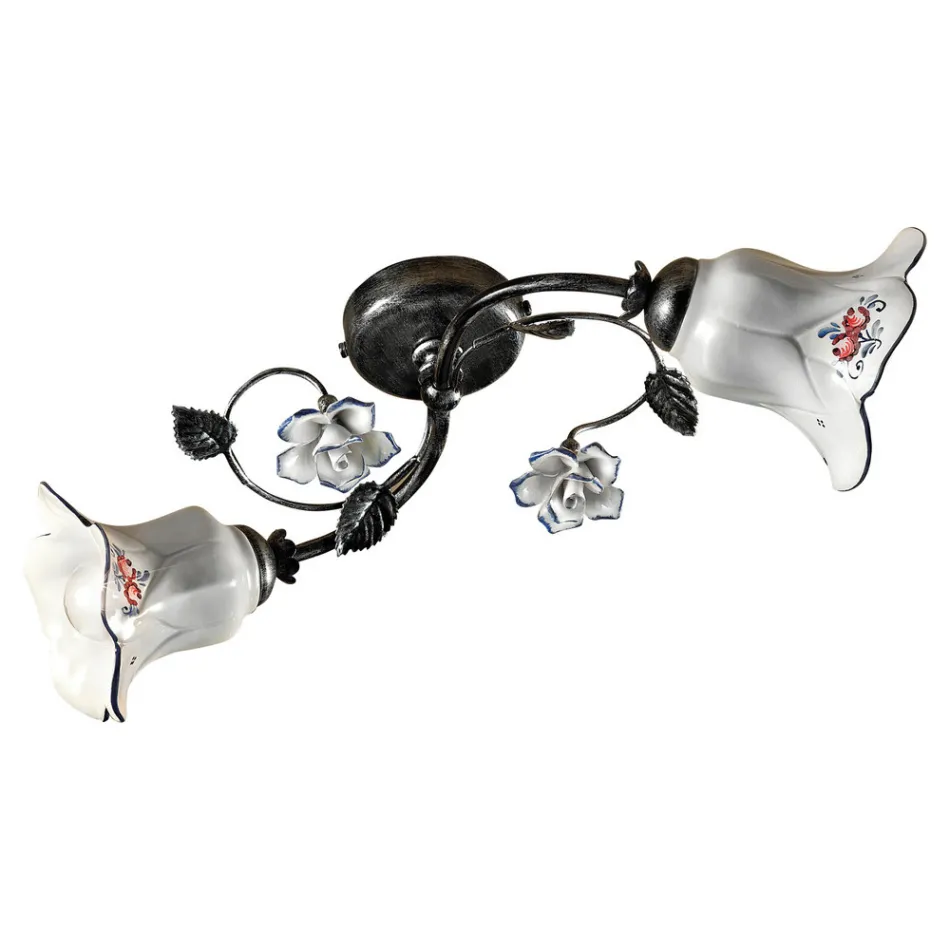 Lámpara de Techo 2 Luces en Metal y Cerámica con Rosas Pintadas a Mano - Pisa Viadurini