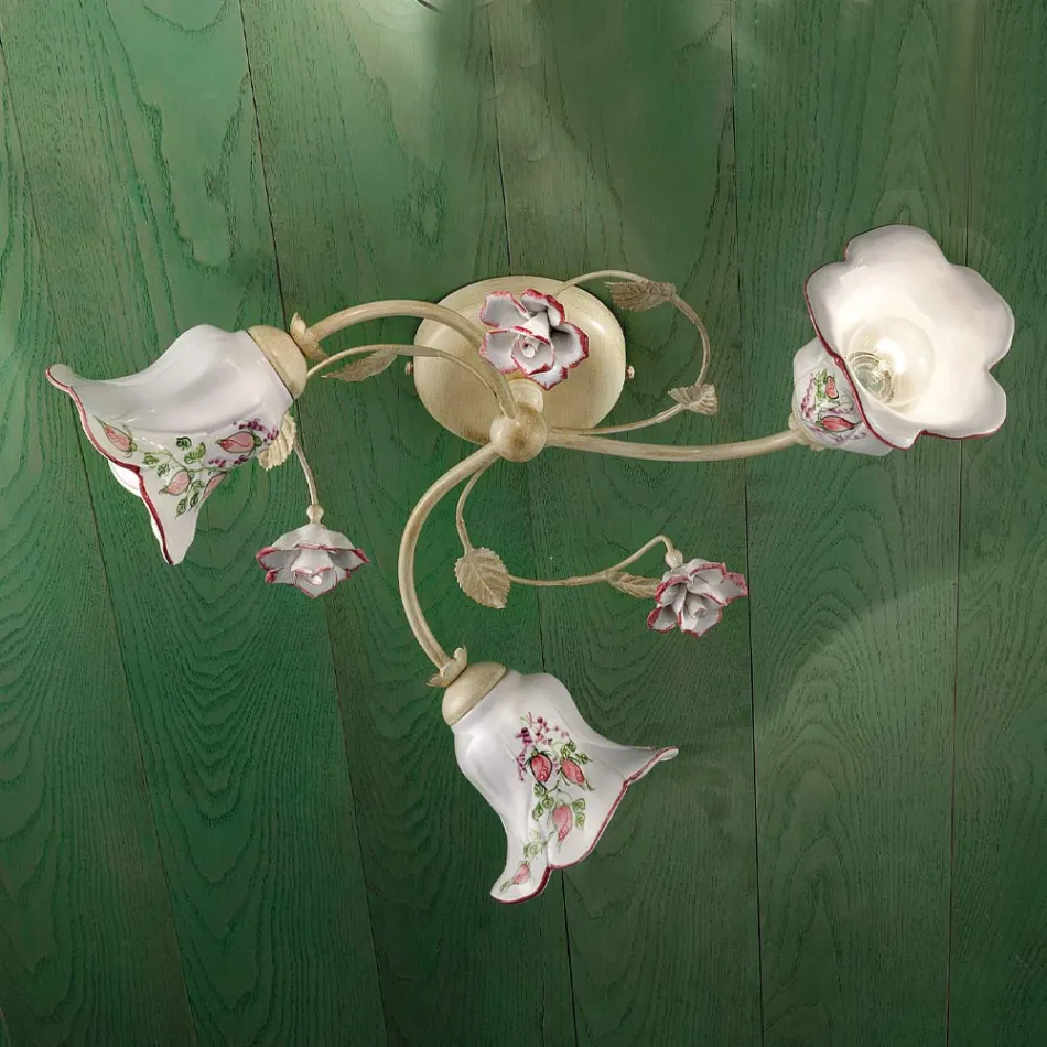 Plafón 3 Luces Metal y Cerámica Pintada a Mano Alambre Rojo - Pisa Viadurini