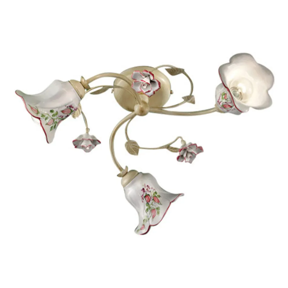 Plafón 3 Luces Metal y Cerámica Pintada a Mano Alambre Rojo - Pisa Viadurini