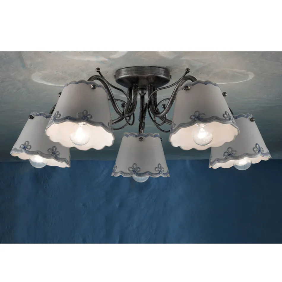 Lámpara de Techo con 3 o 5 Luces en Cerámica Efecto Bordado Pintada a Mano - Ravenna Viadurini