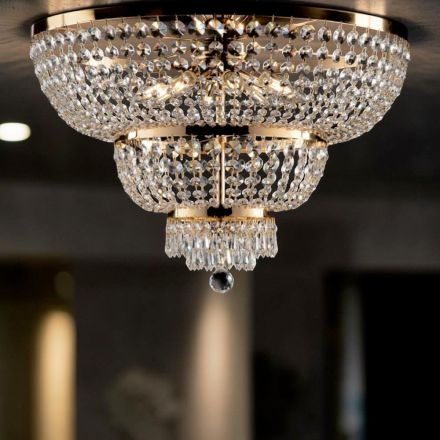 Lámpara de techo de hierro dorado con diamantes de imitación, fabricada en Italia - Austria Viadurini