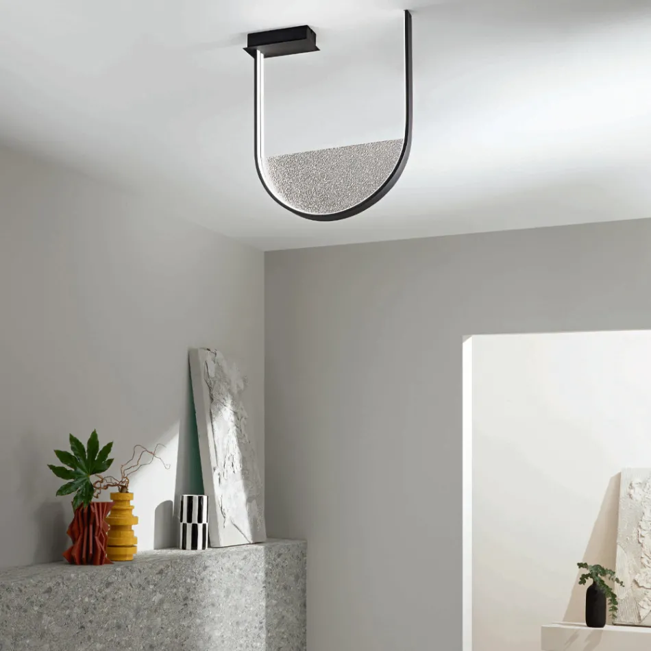 Lámpara de Techo en Metal Pintado e Inserto Extraíble en Vidrio Granulado - Catalpa Viadurini