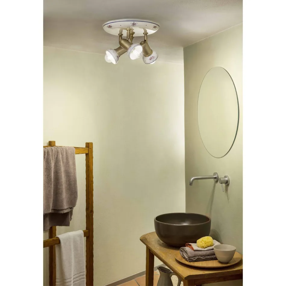 Plafón Redondo 3 Focos en Latón y Cerámica Pintada a Mano - Savona Viadurini