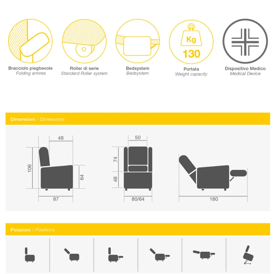 Sillón Elevador con 2 Motores y Funciones Elevación/Relax/Cama Made in Italy - Giorgia Viadurini