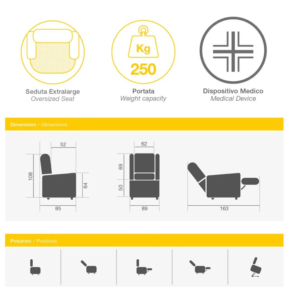 Sillón elevable con asiento extra grande en tejido Made in Italy - Margaret Viadurini
