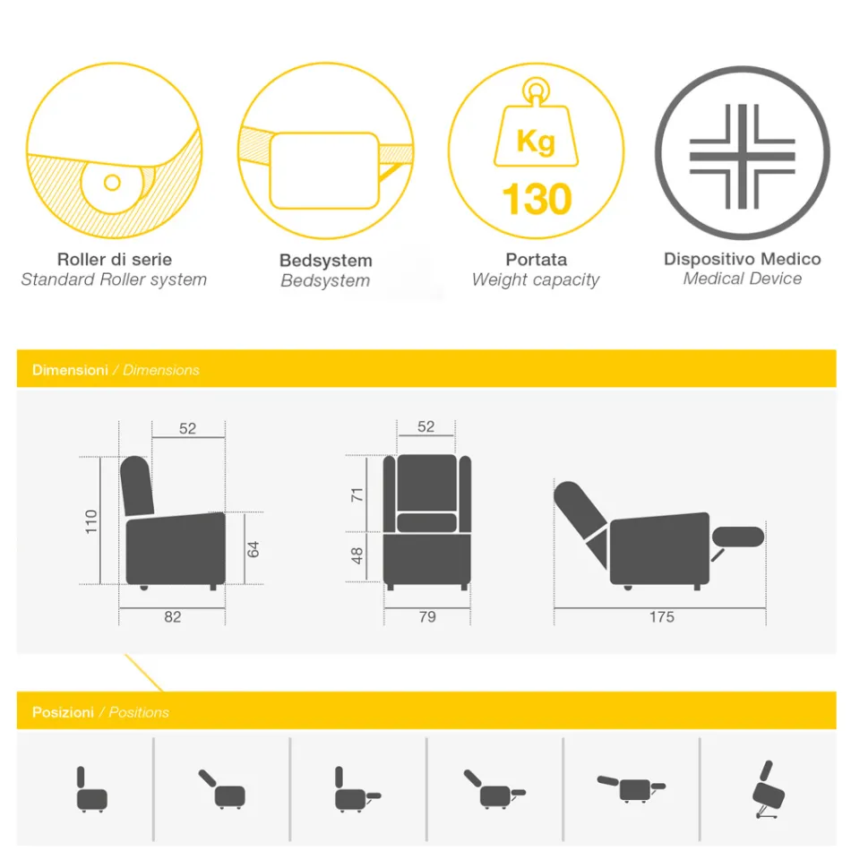 Sillón elevable de tela con funciones Lift, Relax y Bed - Romina Viadurini