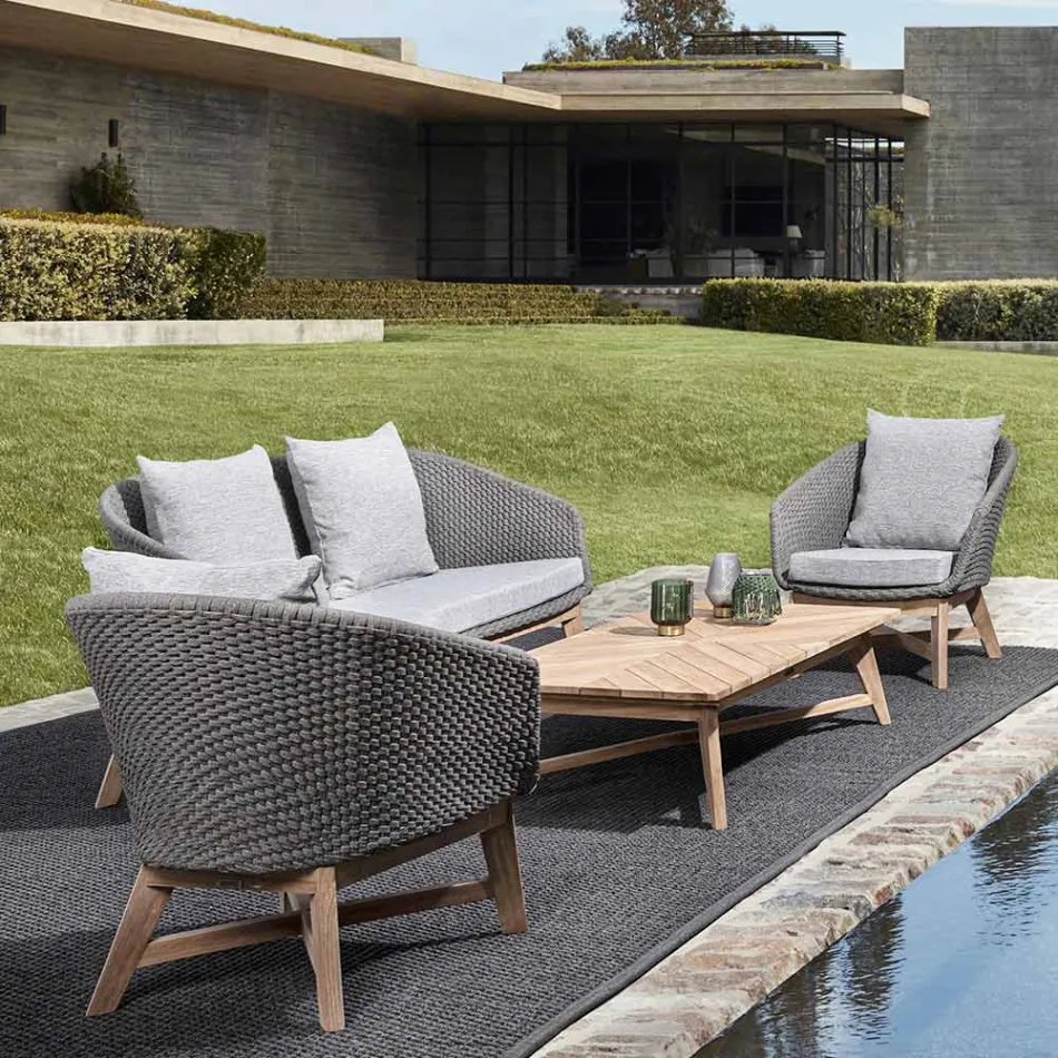 Sillón de exterior en tejido de cuerdas y madera de teca, Homemotion - Callum Viadurini