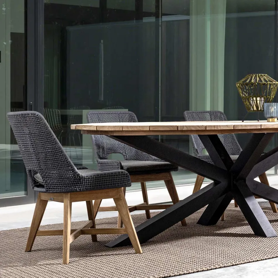 Sillón de exterior en madera y cuerda con cojín, Homemotion, 2 piezas - Oskana Viadurini