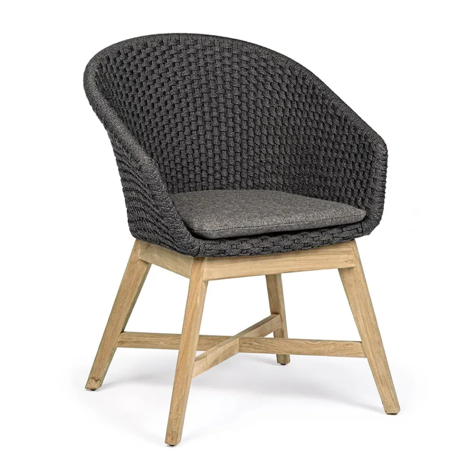 Sillón de exterior en madera y cuerda con cojín, Homemotion, 2 piezas - Oskana Viadurini