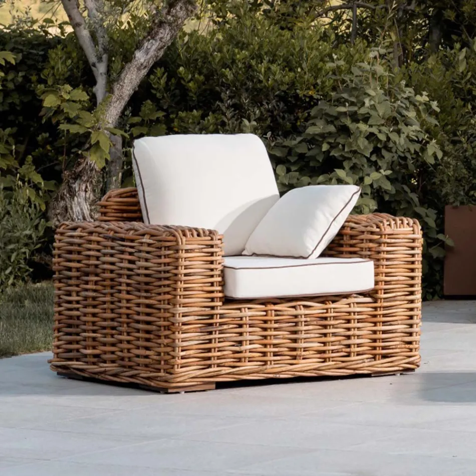 Sillón de exterior en ratán natural con cojines incluidos - Keira Viadurini