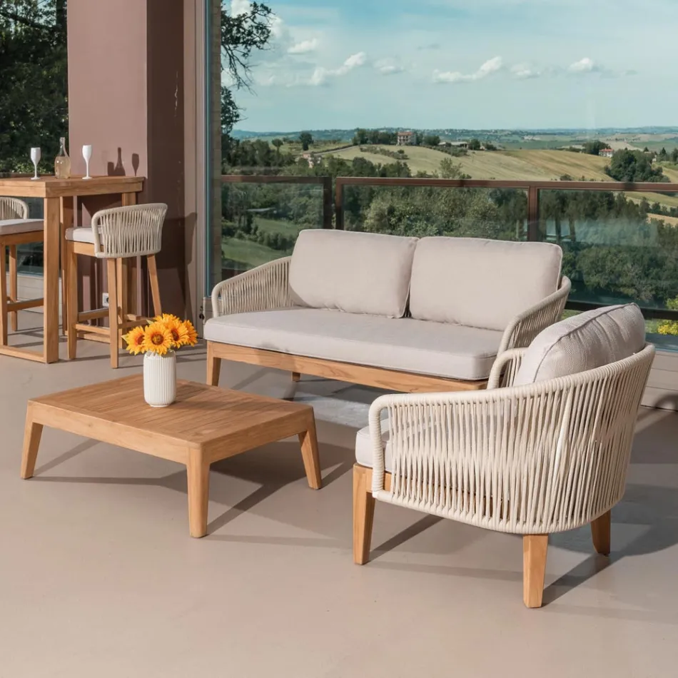 Sillón de exterior en teca y tejido de polietileno - Jhon Viadurini