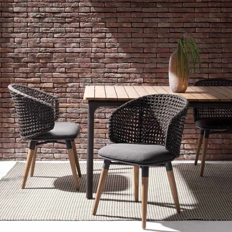 Sillón de jardín con patas de teca y asiento de tela, Homemotion - Chantall Viadurini