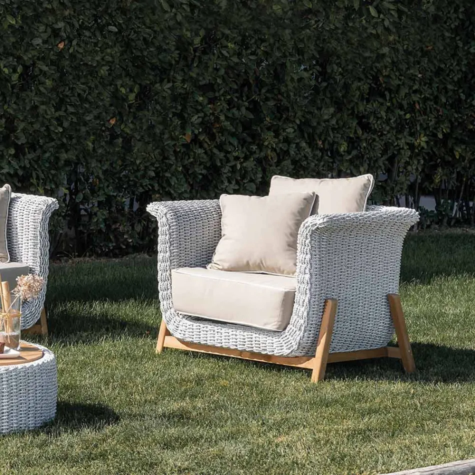 Sillón de jardín en teca y tejido de cuerda - Arjuna Viadurini