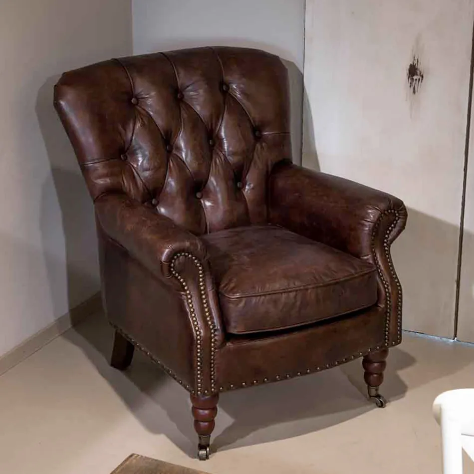 Sillón de Interior Totalmente Realizado en Piel Vintage Efecto Envejecido - Sello Viadurini