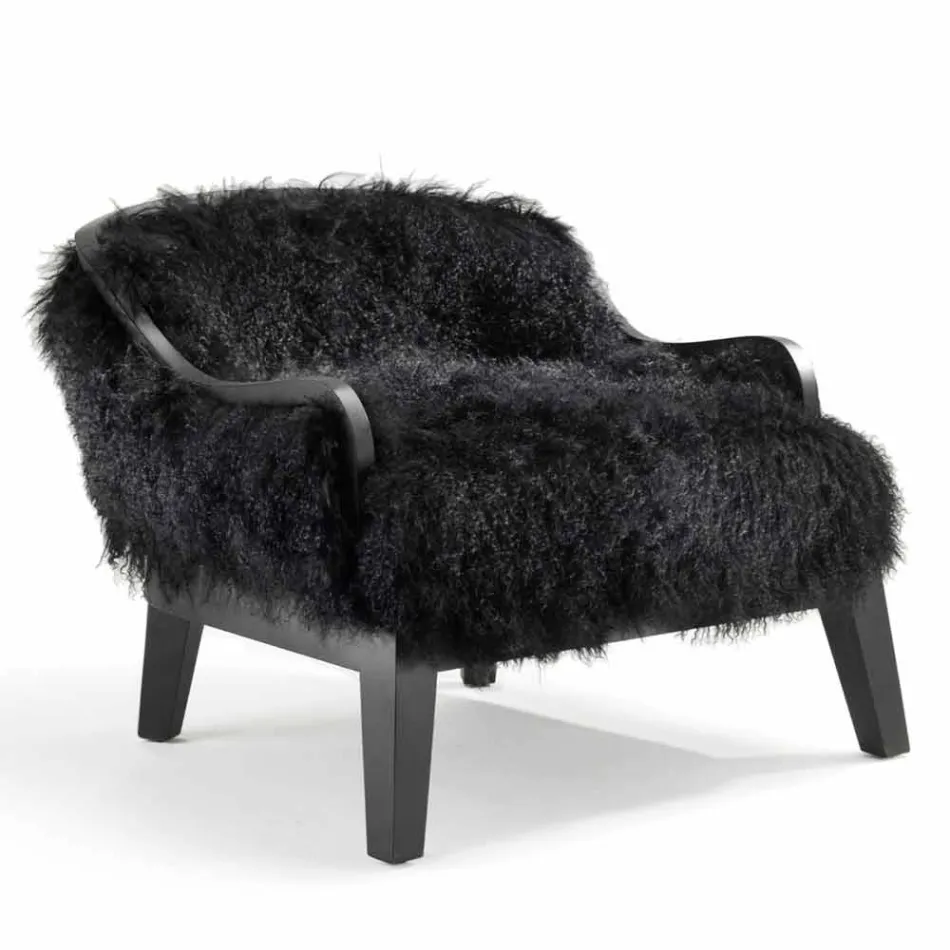 Sillón bajo en cuero negro y piel, hecho en Italia, Eli Viadurini