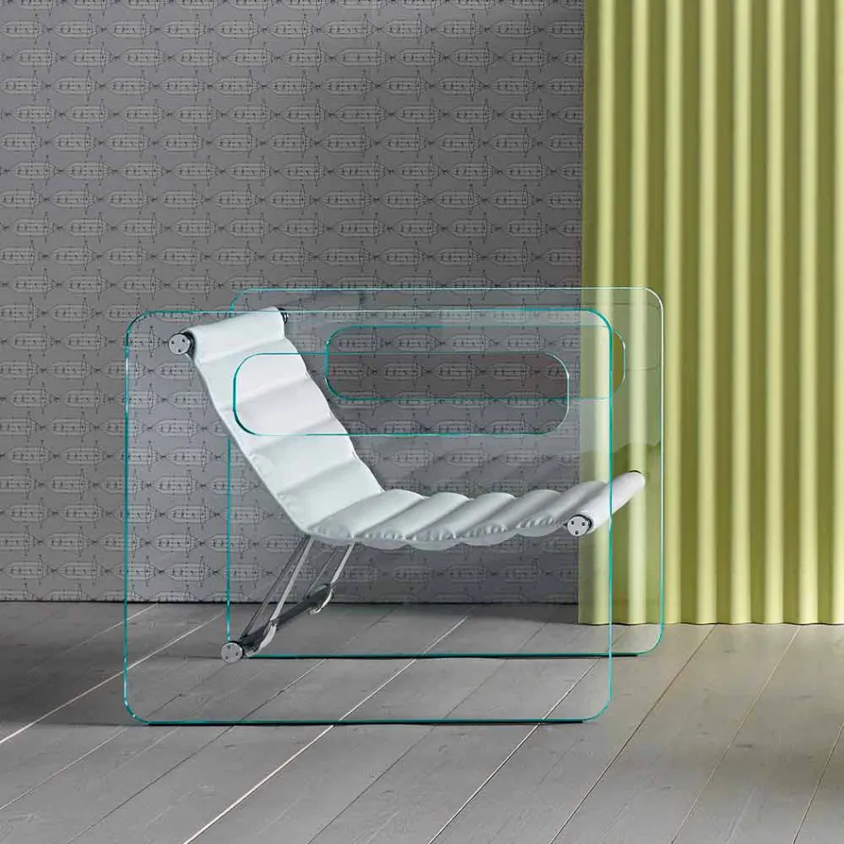 Sillón de salón en vidrio y asiento en cuero blanco de diseño moderno - Tecna Viadurini