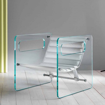 Sillón de salón en vidrio y asiento en cuero blanco de diseño moderno - Tecna Viadurini